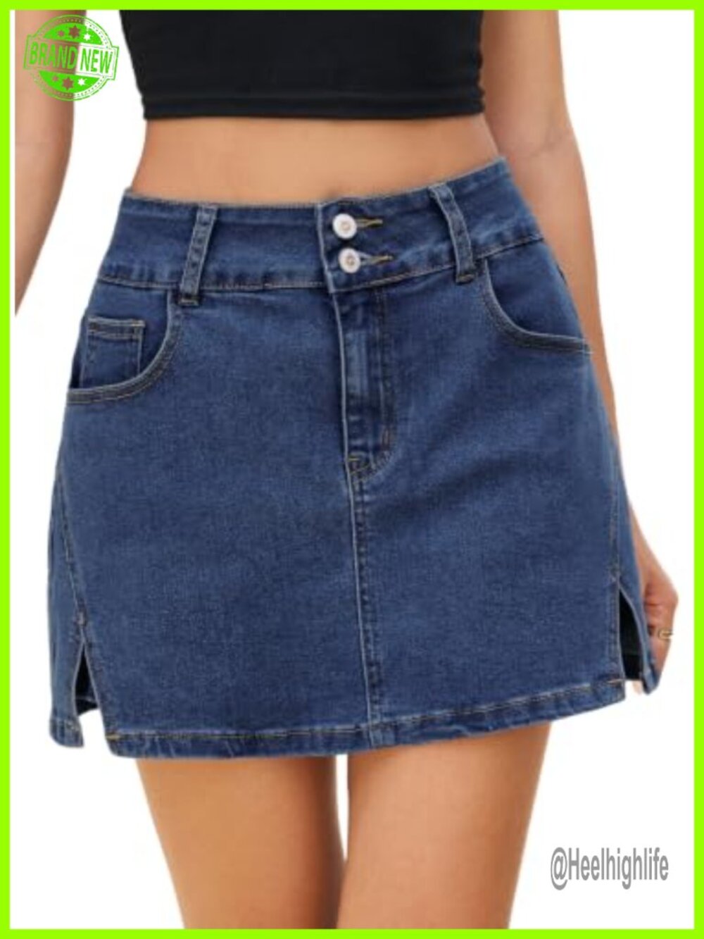 High Waisted Denim Skort Side Slit Stretchy Mini Jean Skirt with Pockets